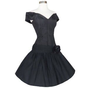 Vintage 80s 90s Black Taffeta Chiffon Drop Waist Full Skirt Prom Party Dress M